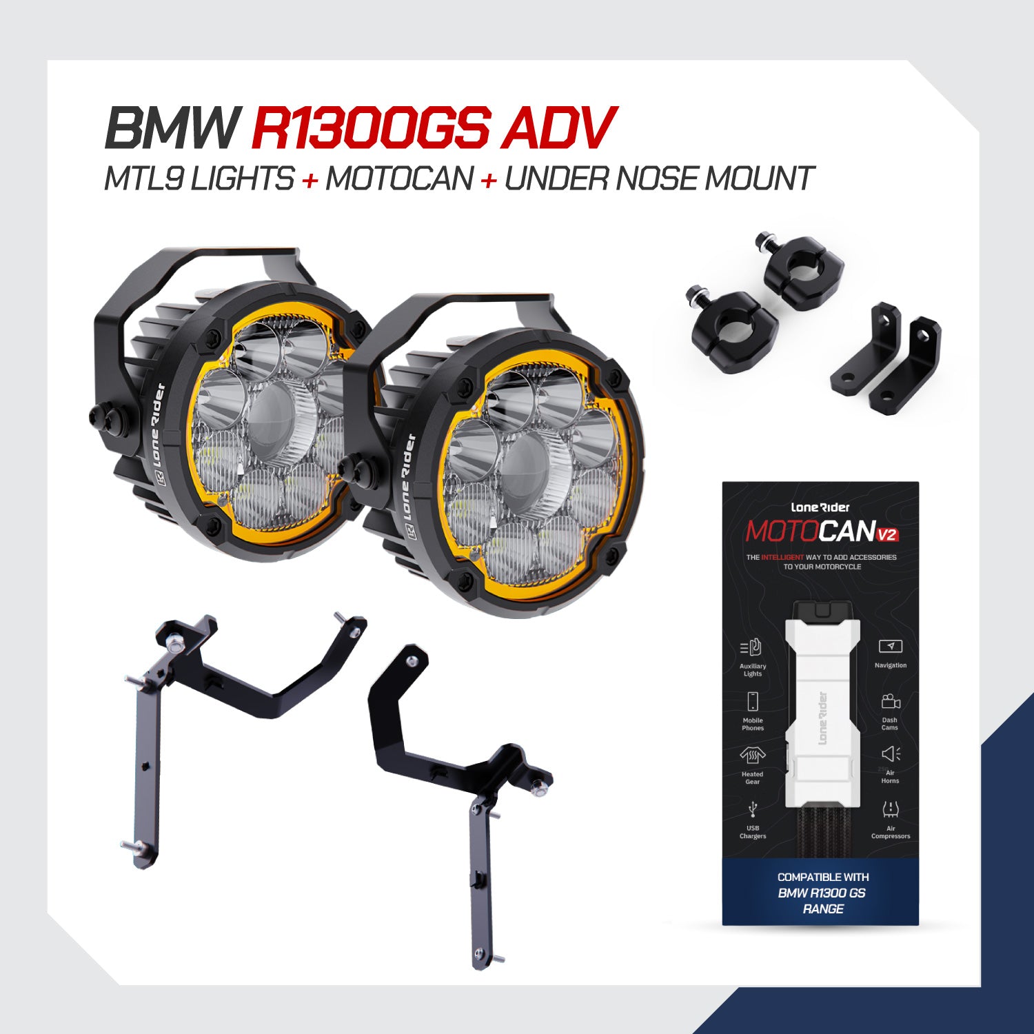 BMW R1300 GS Adventure (2024+) | MTL9 Motorcycle Lights set + MotoCAN V2 + Under Nose Mount